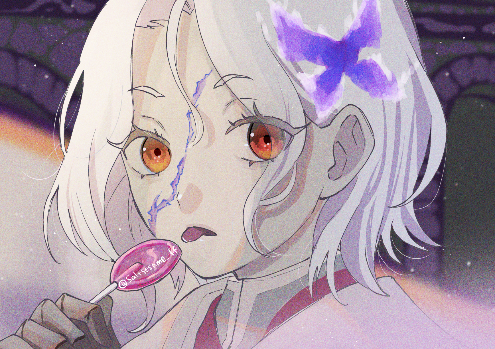 x (xenoblade), xenoblade chronicles (series), xenoblade chronicles 3, commentary request, highres, 1girl, artist name, blurry, blurry background, candy, eyelashes, food, holding, holding candy, holding food, holding lollipop, lollipop, looking at viewer, loose hair strand, portrait, saltsesame ff, scar, short hair, solo, tongue, tongue out, twitter username, white hair, yellow eyes