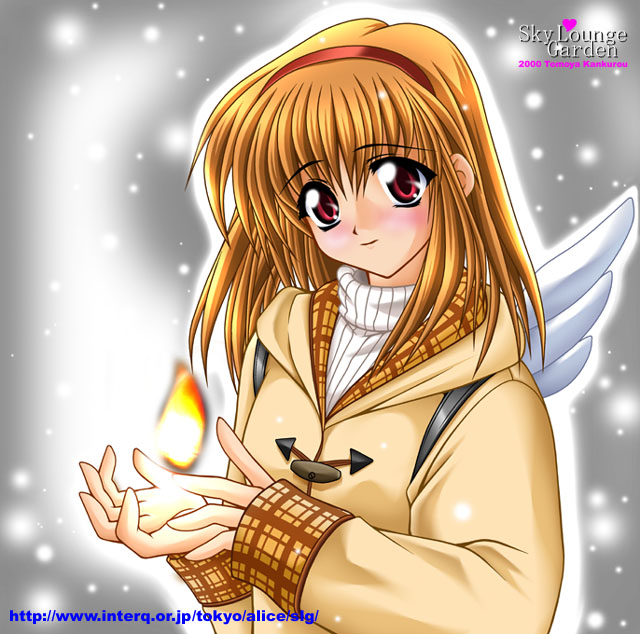 tomoya kankurou, tsukimiya ayu, kanon, 1girl, backpack, bag, brown hair, female focus, fire, hairband, red eyes, short hair, smile, snow, solo