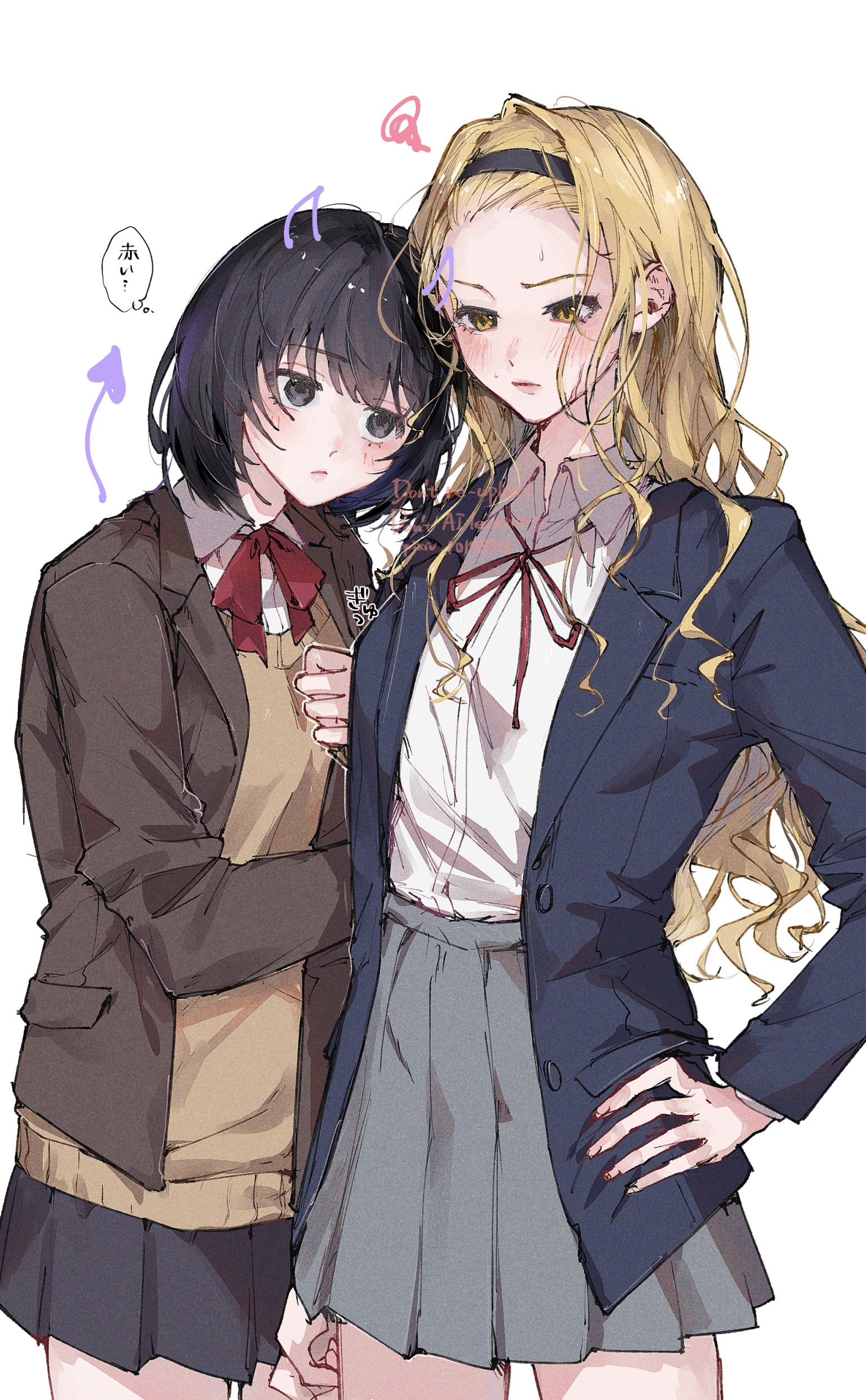 bebe, kirarazaka marina, kuze shizuka, takopii no genzai, absurdres, highres, translation request, 2girls, aged up, arm hug, black eyes, black hair, blazer, blonde hair, blush, bow, closed mouth, drawn horns, drawn tail, hand on own hip, jacket, long hair, medium hair, multiple girls, open clothes, open jacket, red bow, red ribbon, ribbon, school uniform, skirt, speech bubble, thought bubble, yellow eyes, yuri