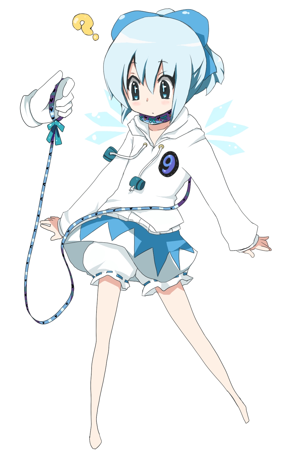 cirno, touhou, bad id, bad pixiv id, highres, 1girl, blue hair, bow, circled 9, female focus, leash, ribbon, solo, wings