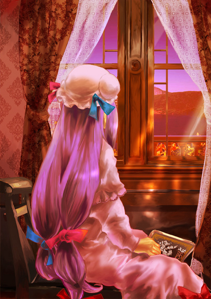 patchouli knowledge, touhou, 1girl, book, curtains, dress, female focus, from behind, hat, indoors, long hair, low-tied long hair, mob cap, pink hair, ribbon, sitting, solo, very long hair, window