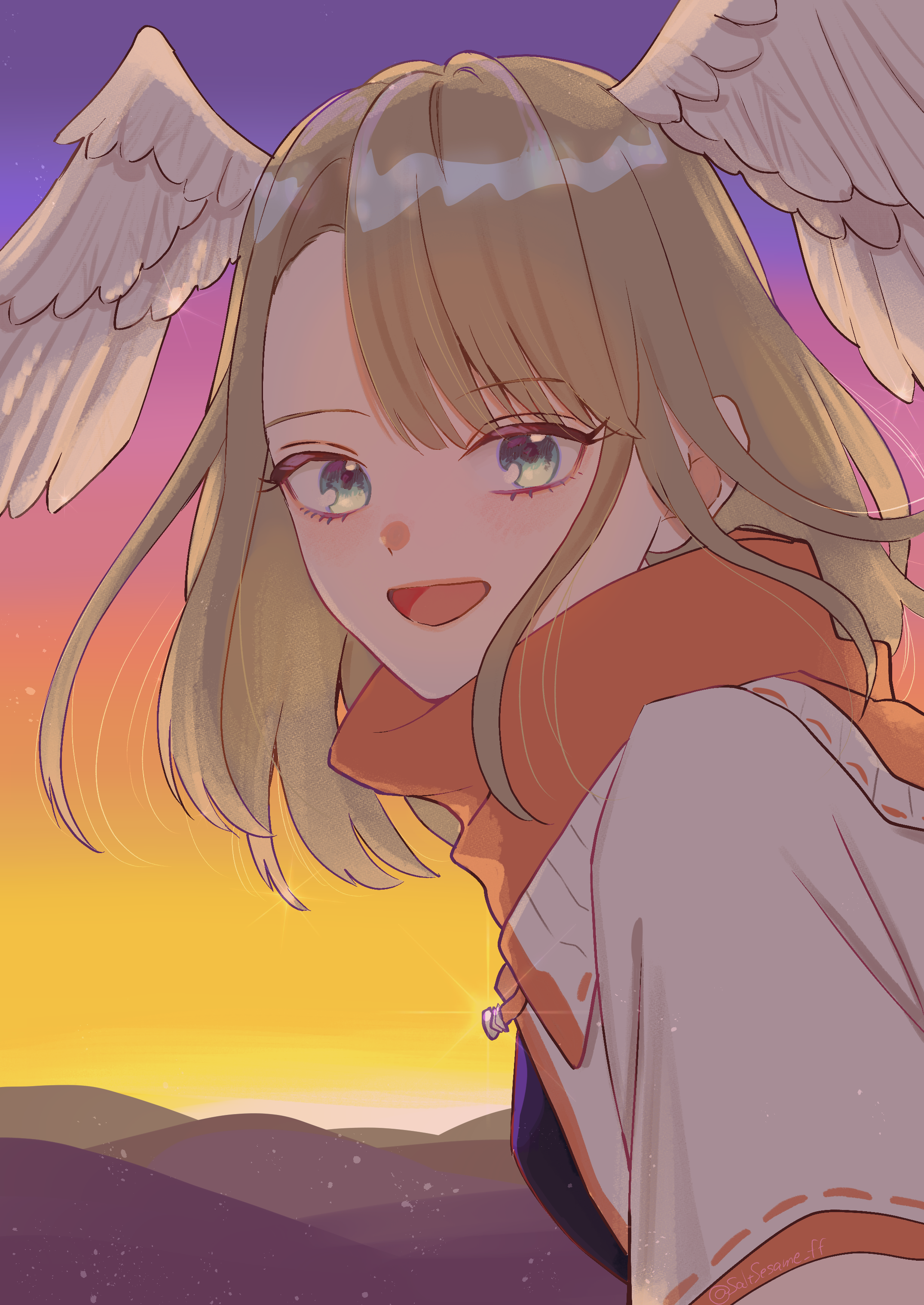 eunie (xenoblade), taion (xenoblade), xenoblade chronicles (series), xenoblade chronicles 3, absurdres, commentary request, highres, 1girl, asymmetrical bangs, brown hair, cosplay, dawn, gradient sky, head wings, horizon, jacket, leaning forward, long hair, looking at viewer, loose hair strand, open mouth, orange scarf, parted bangs, saltsesame ff, scarf, sky, smile, solo, taion (xenoblade) (cosplay), upper body, white jacket, wings