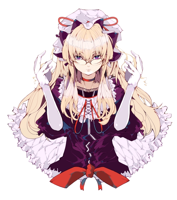 makino (pixiv), yakumo yukari, touhou, bad id, bad pixiv id, 1girl, bespectacled, blonde hair, elbow gloves, female focus, glasses, gloves, hat, long hair, purple eyes, ribbon, solo