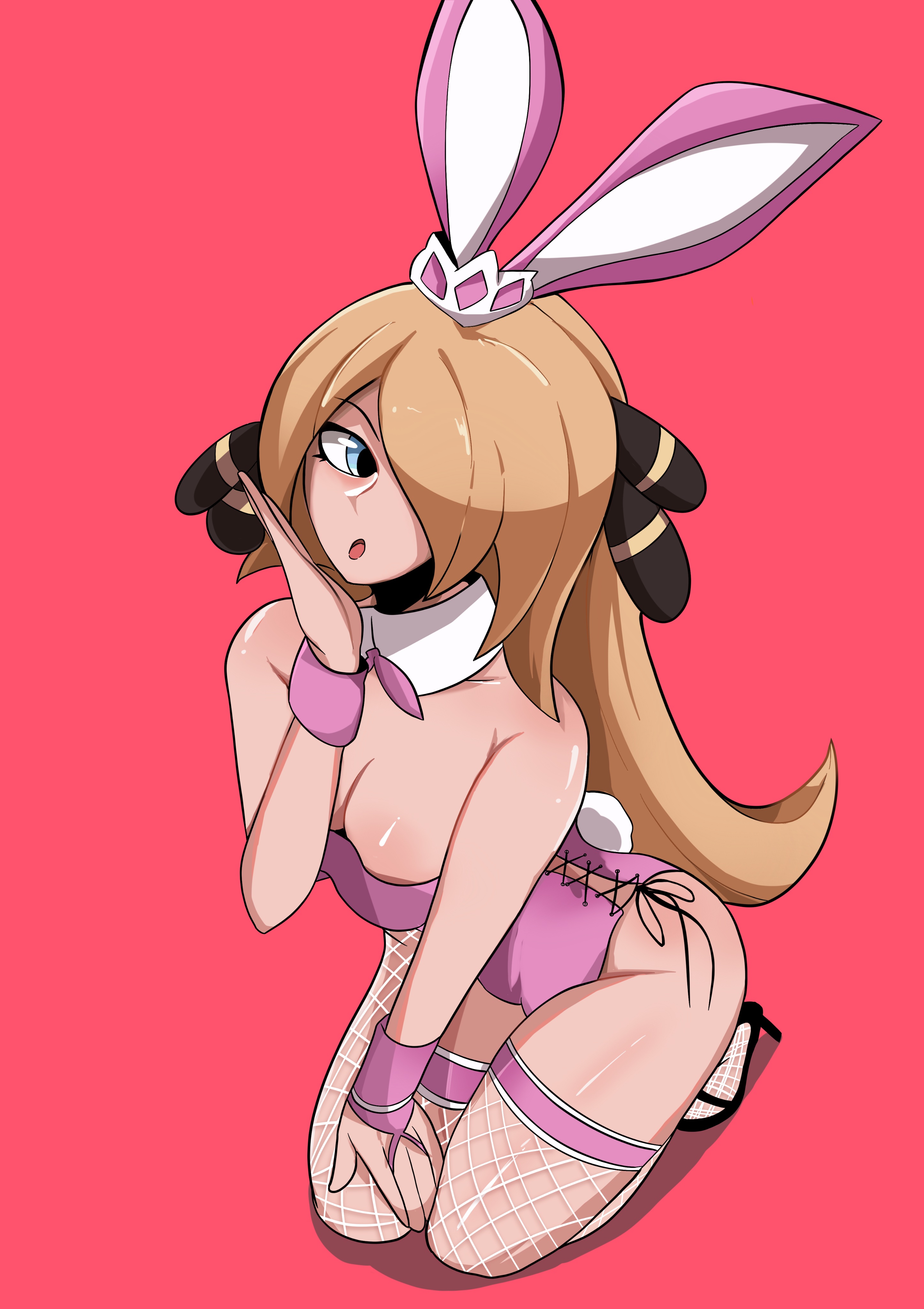 cynthia (pokemon), nintendo, pokemon, pokemon dppt, absurdres, highres, 1girl, alternate costume, animal ears, bare shoulders, beanzenni, blonde hair, bow, bowtie, breasts, cleavage, collarbone, detached collar, fake animal ears, fishnet thighhighs, fishnets, grey eyes, hair ornament, hair over one eye, high heels, leotard, long hair, medium breasts, open mouth, pink background, pink bow, pink bowtie, pink leotard, pink wrist cuffs, playboy bunny, rabbit ears, rabbit tail, simple background, solo, strapless, strapless leotard, tail, thighhighs, very long hair, wrist cuffs