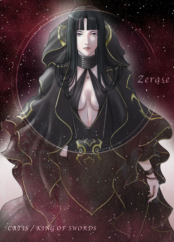 zerase (suikoden), gensou suikoden, gensou suikoden v, 1girl, black dress, black hair, breasts, character name, cleavage, cloak, dress, grey eyes, hood, long hair, purple background, star (symbol)