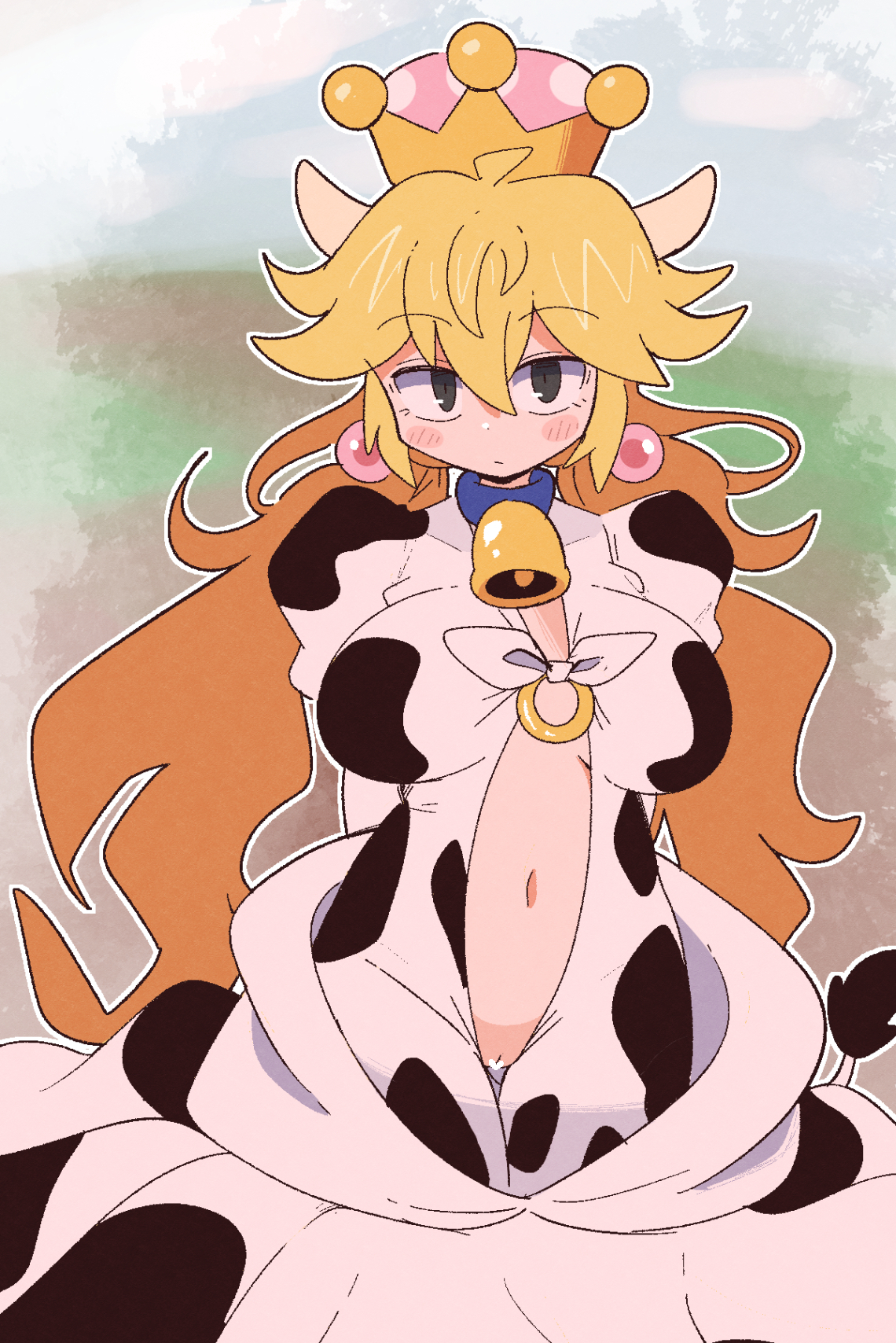 kurachi mizuki, moo moo (mario), mario (series), mario kart, mario kart world, new super mario bros. u deluxe, nintendo, absurdres, highres, 1girl, blonde hair, cow girl, pussy, solo, super crown