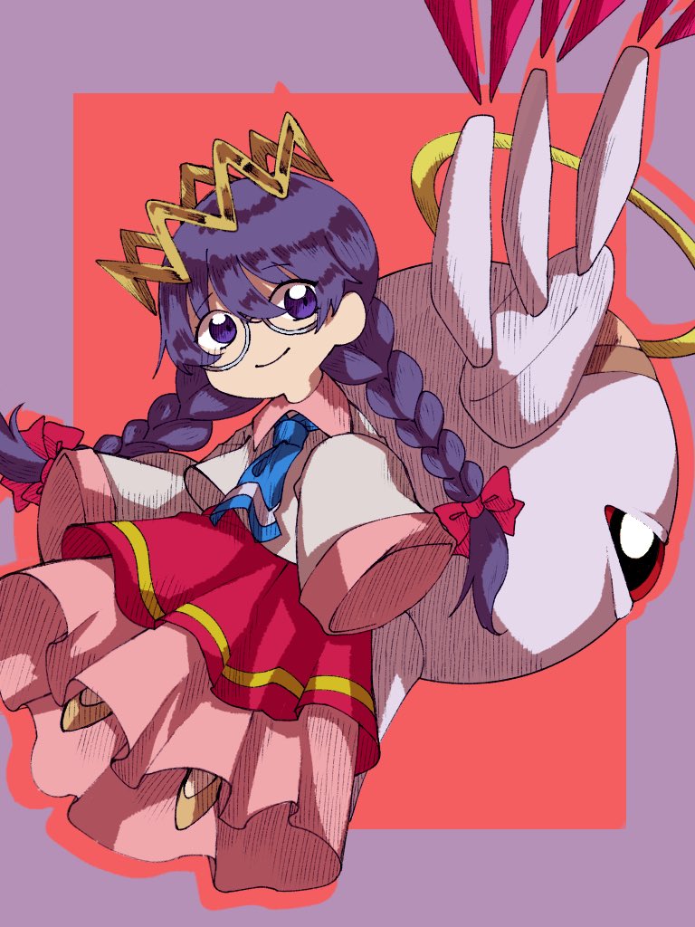 emma 03333, ripple star queen, zero two (kirby), kirby (series), kirby 64, nintendo, protected link, 1girl, black hair, bow, crown, hair bow, halo, long hair, long skirt, one-eyed, pink skirt, purple eyes, red bow, red eyes, skirt, sleeves past fingers, sleeves past wrists, smile