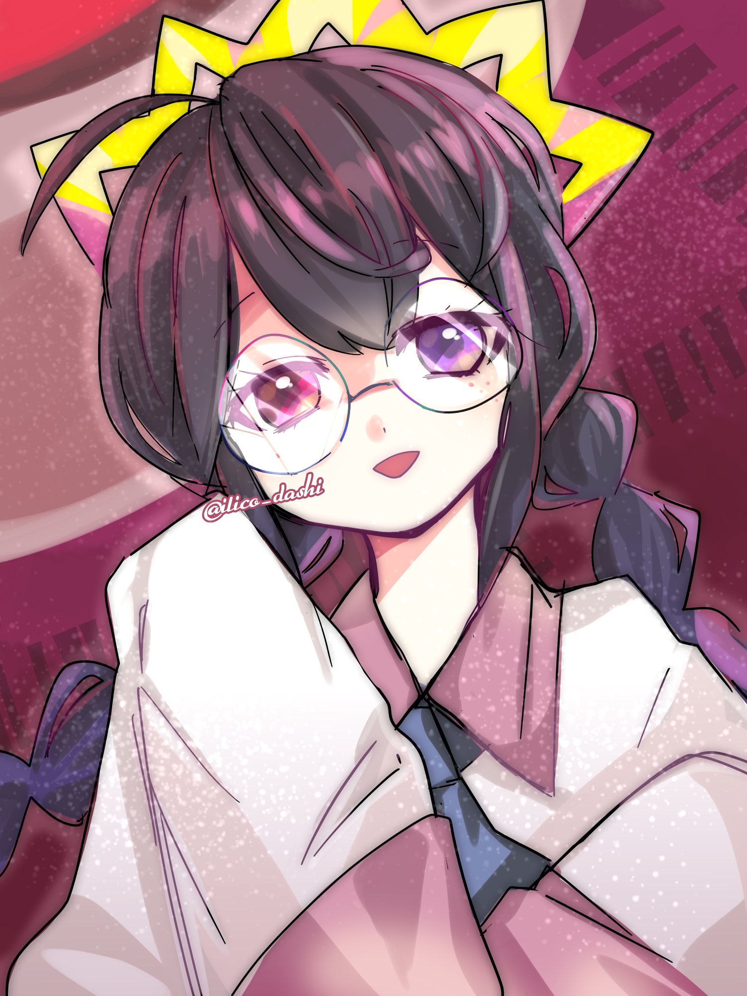 wandot (ilicololo), ripple star queen, kirby (series), kirby 64, nintendo, highres, 1girl, artist name, black hair, braid, crown, freckles, glasses, heterochromia, long hair, looking at viewer, low twin braids, purple eyes, red eyes, sleeves past fingers, sleeves past wrists, solo, twin braids
