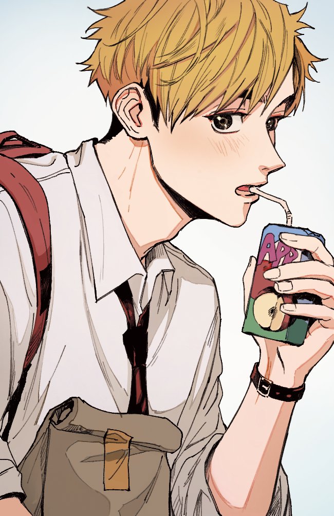 cookiechochop, miya atsumu, haikyuu!!, commentary request, korean commentary, 1boy, arm up, backpack, bag, black hair, black necktie, blonde hair, blush, brown eyes, collared shirt, drinking straw, drinking straw in mouth, holding, holding bag, holding juice box, juice box, looking at viewer, lower teeth only, male focus, multicolored hair, necktie, open collar, open mouth, parted bangs, red bag, school uniform, shirt, short sideburns, simple background, solo, teeth, two-tone hair, upper body, watch, white background, white shirt, wing collar, wristwatch