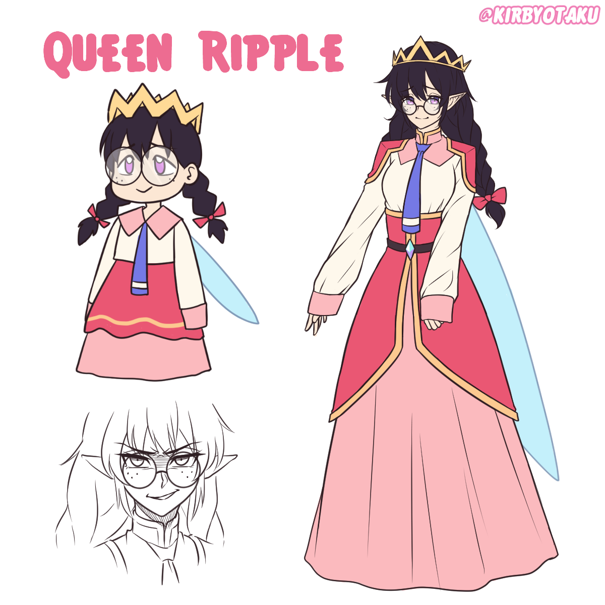 kirby otaku, ripple star queen, kirby (series), kirby 64, nintendo, highres, 1girl, artist name, black hair, bow, braid, crown, fairy, fairy wings, freckles, glasses, hair bow, long hair, long skirt, low twin braids, multiple views, pink bow, pink skirt, pointy ears, purple eyes, redesign, simple background, skirt, smile, twin braids, white background, wings