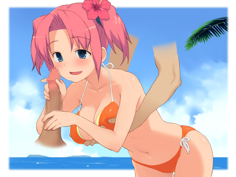 nora higuma, non-web source, 1girl, beach, bikini, blue eyes, blush, breasts, censored, dark-skinned male, dark penis, dark skin, day, disembodied hand, disembodied penis, flower, grabber tool, grabbing another's breast, groping, hair ornament, handjob, hibiscus, interracial, mosaic censoring, ocean, penis, pink hair, short hair, side-tie bikini bottom, solo focus, swimsuit, twintails