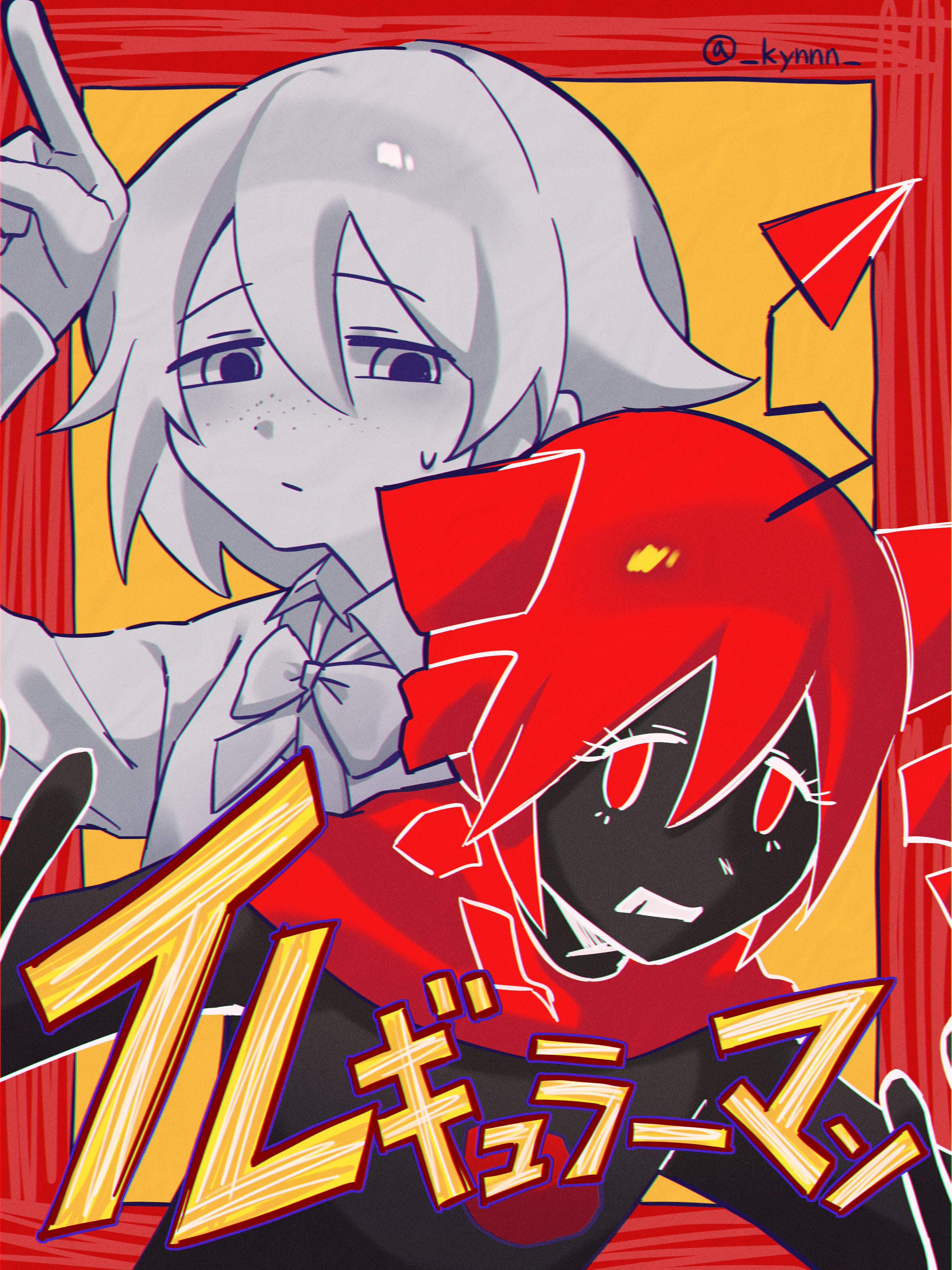 kasane teto, synthesizer v, utau, absurdres, highres, 2girls, ahoge, arm up, black skin, bob cut, bow, bowtie, cape, clenched teeth, closed mouth, collared shirt, color contrast, colored skin, copyright name, detached hair, drill hair, dual persona, freckles, hair between eyes, irregular man (synthesizer v), kynnn, looking at viewer, multiple girls, pointing, red eyes, red hair, shirt, short hair, sweatdrop, teeth, twin drills, twitter username, upper body