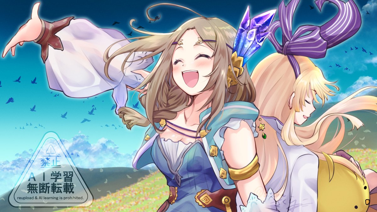 snowstar, firis mistlud, ilmeria von leinweber, atelier (series), atelier firis, commentary request, 2girls, :d, ^ ^, back-to-back, blonde hair, blush, breasts, cleavage, closed eyes, grey hair, hair ribbon, long hair, multiple girls, open mouth, outdoors, purple ribbon, ribbon, simple bird, sleeveless, smile, standing, teeth, upper teeth only, watermark