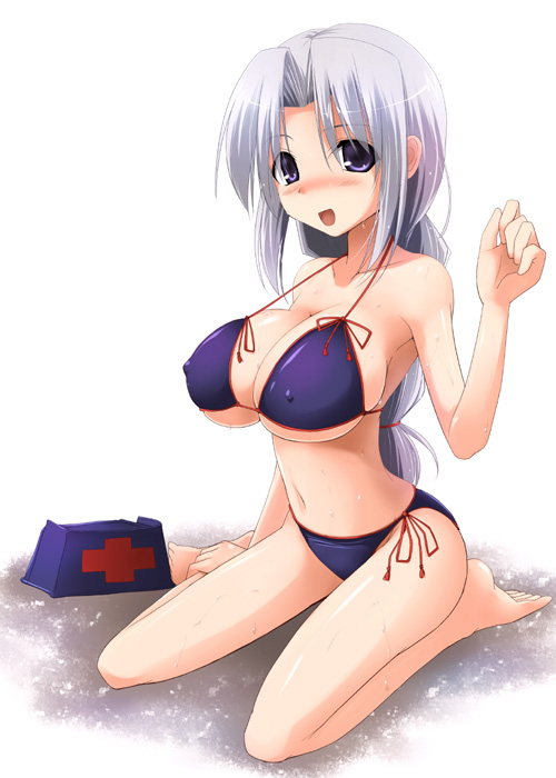 kurikara, yagokoro eirin, touhou, silver hair, 1girl, bikini, blue eyes, blush, breasts, cleavage, covered erect nipples, female focus, full body, huge breasts, purple bikini, side-tie bikini bottom, solo, swimsuit, white background