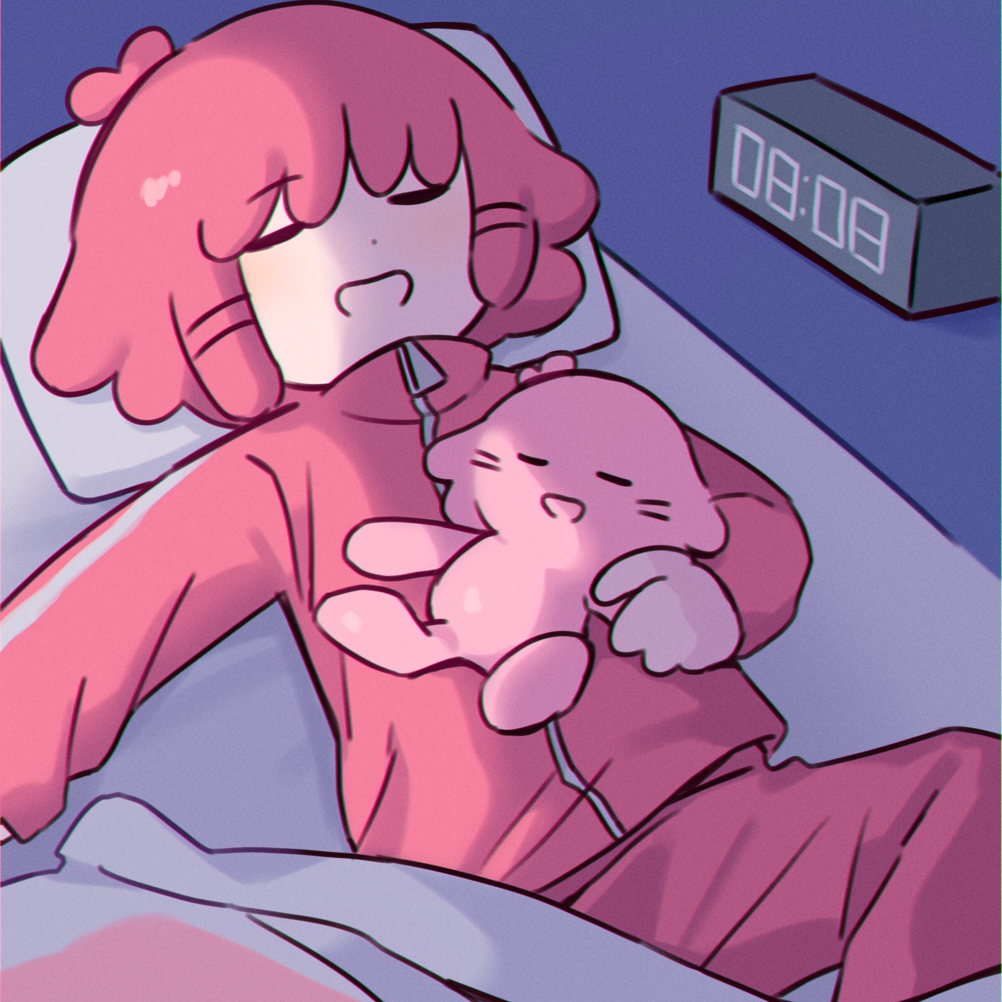 kasane teto, chiccha na watashi (synthesizer v), synthesizer v, utau, highres, 2girls, alarm clock, antenna hair, blanket, clock, closed eyes, dot nose, dual persona, futon, jacket, kynnn, long sleeves, lying, mini person, minigirl, multiple girls, on back, open mouth, pants, pillow, pink hair, pink jacket, pink pants, short hair, sleeping, smile, track jacket, track pants