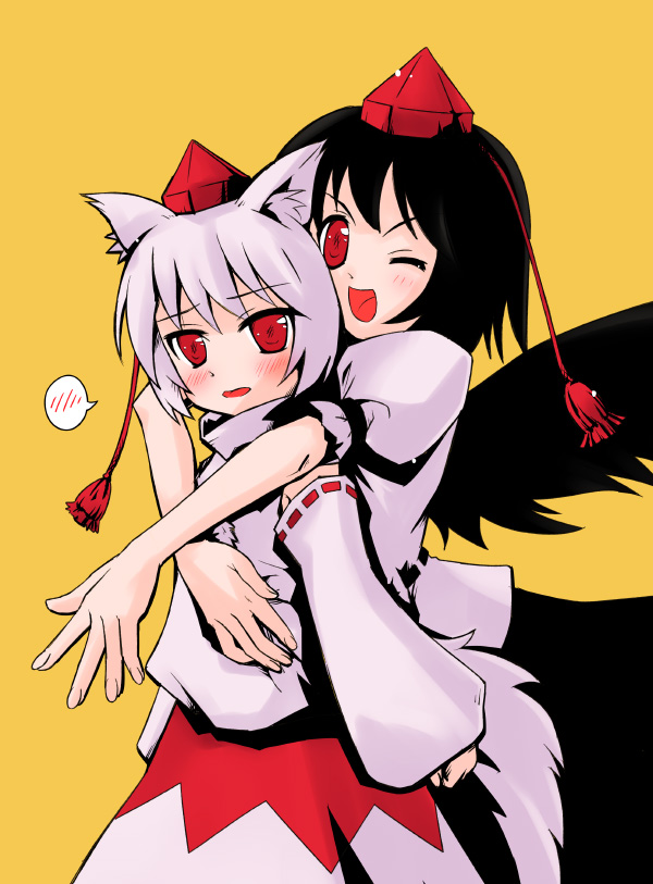 kashiwagi kazuhiro, inubashiri momiji, shameimaru aya, touhou, 2girls, albino, animal ears, black hair, black wings, blush, detached sleeves, dog ears, female focus, from behind, happy, hat, hug, hug from behind, multiple girls, open mouth, red eyes, short hair, shy, smile, tail, tokin hat, white hair, wings, wink, wolf ears, yuri