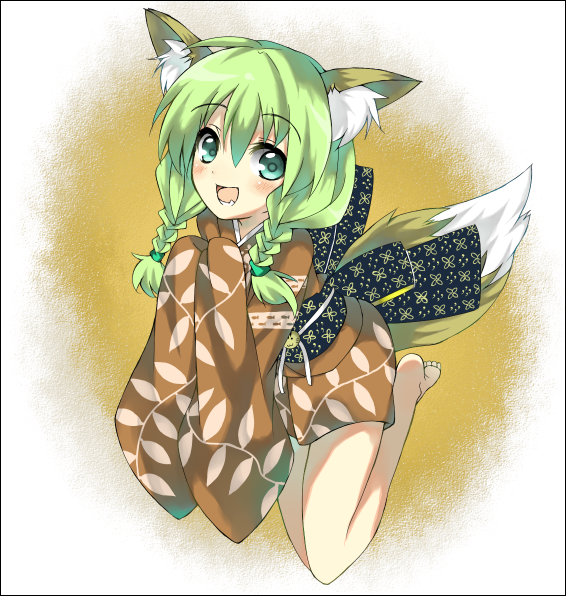 shingetsu takehito, saitou kon, original, 1girl, animal ears, barefoot, braid, fang, female focus, green eyes, green hair, hair over shoulder, matching hair/eyes, solo, tail, twin braids