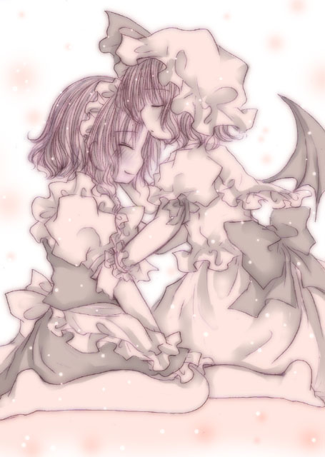 kasuga sunao, izayoi sakuya, remilia scarlet, touhou, bad id, bad pixiv id, 2girls, apron, bat wings, blush, closed eyes, female focus, hat, kiss, kissing forehead, maid headdress, monochrome, multiple girls, pink theme, profile, sitting, smile, wariza, wings, yuri