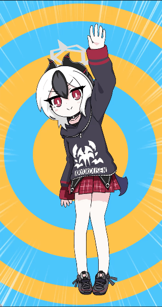 tomimon, kayoko (blue archive), blue archive, commentary request, >:), 1girl, arm up, black hair, black hoodie, black wings, closed mouth, demon girl, demon horns, emphasis lines, full body, grey halo, grey shoes, hair between eyes, halo, hood, hood down, hoodie, horns, long sleeves, multicolored hair, plaid clothes, plaid skirt, pleated skirt, ponytail, puffy long sleeves, puffy sleeves, red skirt, shoes, single wing, skirt, smile, solo, standing, two-tone hair, uikousen (shigure ui), v-shaped eyebrows, white hair, wings