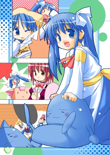 futaba (ukagaka), sakura (ukagaka), ukagaka, 2000s (style), apron, blue hair, character name, creature, halftone, looking at viewer, maid, maid apron, multiple girls, twintails