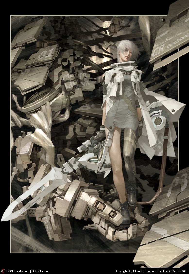 skan srisuwan, silver hair, bad cgsociety id, bad id, tagme, mecha, robot, science fiction, solo, sword, weapon