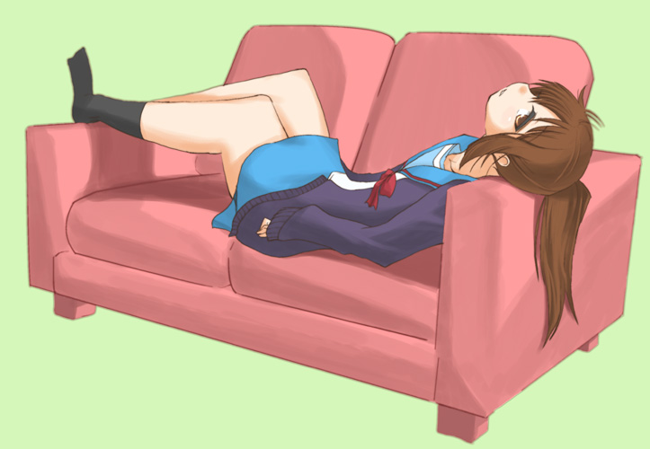 hane (hanegoya), kyonko, suzumiya haruhi no yuuutsu, gender request, 00s, 1girl, brown hair, couch, female focus, full body, genderswap, lying, on back, ponytail, red upholstery, school uniform, serafuku, socks, solo