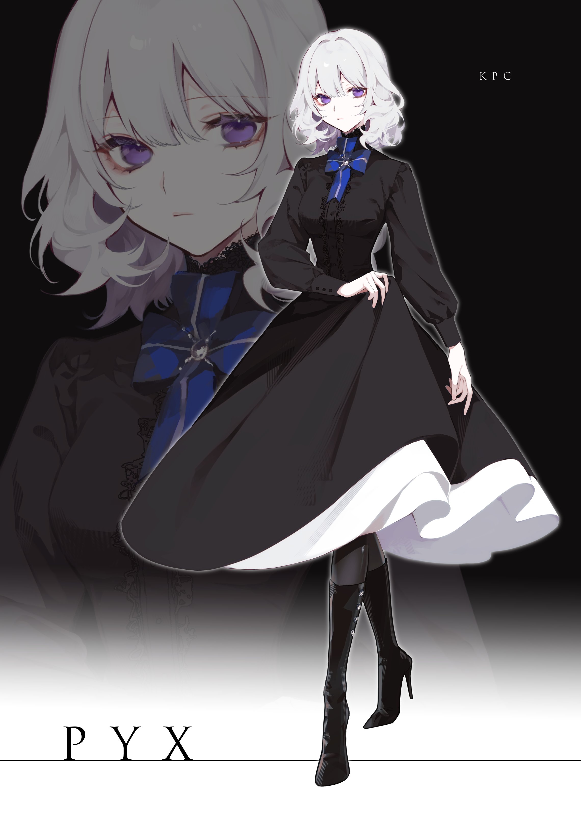 shiozaki shino, original, absurdres, highres, 1girl, black boots, black dress, blue ribbon, boots, dress, full body, grey hair, high heel boots, high heels, layered dress, long sleeves, medium hair, neck ribbon, purple eyes, ribbon, sleeve cuffs, solo, standing, zoom layer