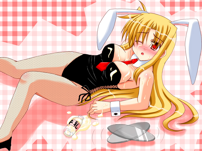 lask, fate testarossa, lyrical nanoha, mahou shoujo lyrical nanoha, mahou shoujo lyrical nanoha strikers, 00s, 1girl, animal ears, between breasts, blonde hair, blush, breasts, cleavage, fake animal ears, female focus, fishnet pantyhose, fishnets, large breasts, leotard, long hair, milk, pantyhose, playboy bunny, rabbit ears, red eyes, sexually suggestive, solo, suggestive fluid, very long hair
