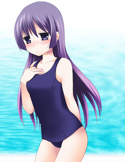 chany, saginomiya isumi, hayate no gotoku!, 00s, blush, one-piece swimsuit, purple eyes, purple hair, school swimsuit, solo, swimsuit