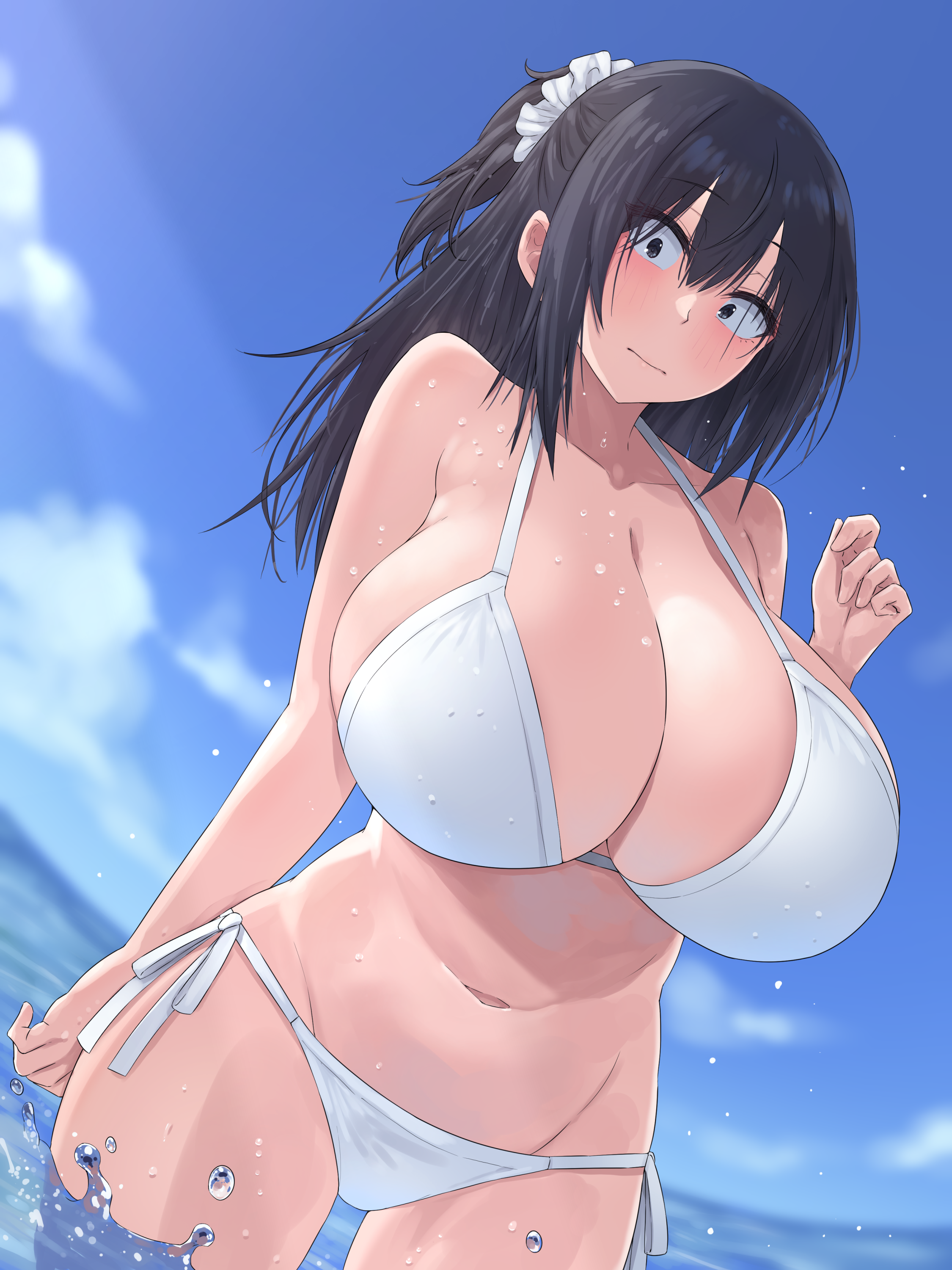 natsuishi nana, original, absurdres, commission, highres, pixiv commission, 1girl, bare arms, bikini, black eyes, black hair, blue sky, blush, breasts, cleavage, closed mouth, cloud, collarbone, hair ornament, hair scrunchie, huge breasts, large breasts, long hair, looking at viewer, navel, ocean, outdoors, sanpaku, scrunchie, side-tie bikini bottom, sidelocks, sky, solo, standing, string bikini, swimsuit, wading, water drop, white bikini
