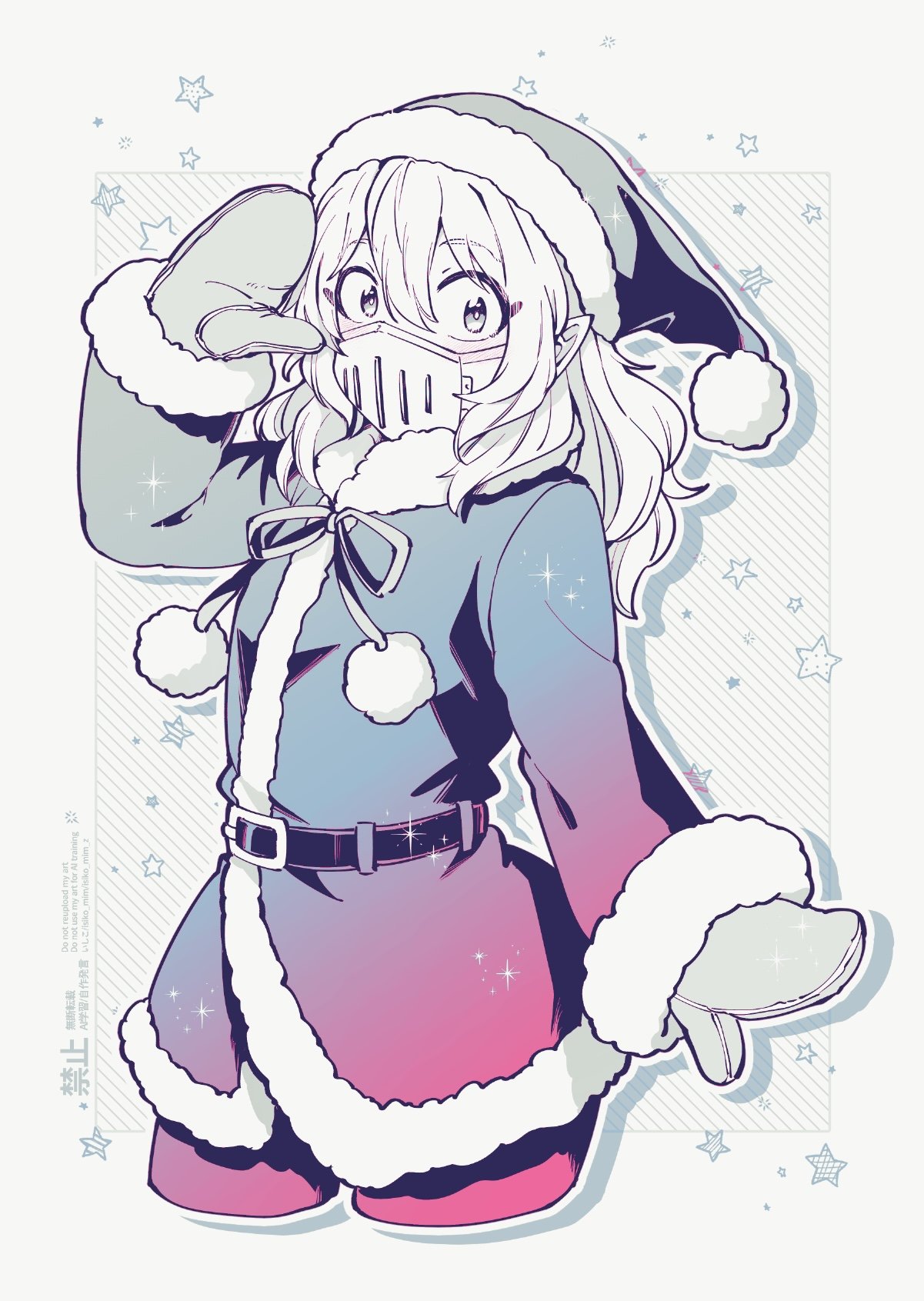 mairimashita! iruma-kun, highres, 1boy, balam shichiro, belt, christmas, coat, cropped legs, drop shadow, hair between eyes, hat, isiko mim z, long hair, male focus, mask, mittens, mouth mask, outline, pants, pointy ears, ribbon, santa costume, santa hat, simple background, solo, star (symbol), trap, white background
