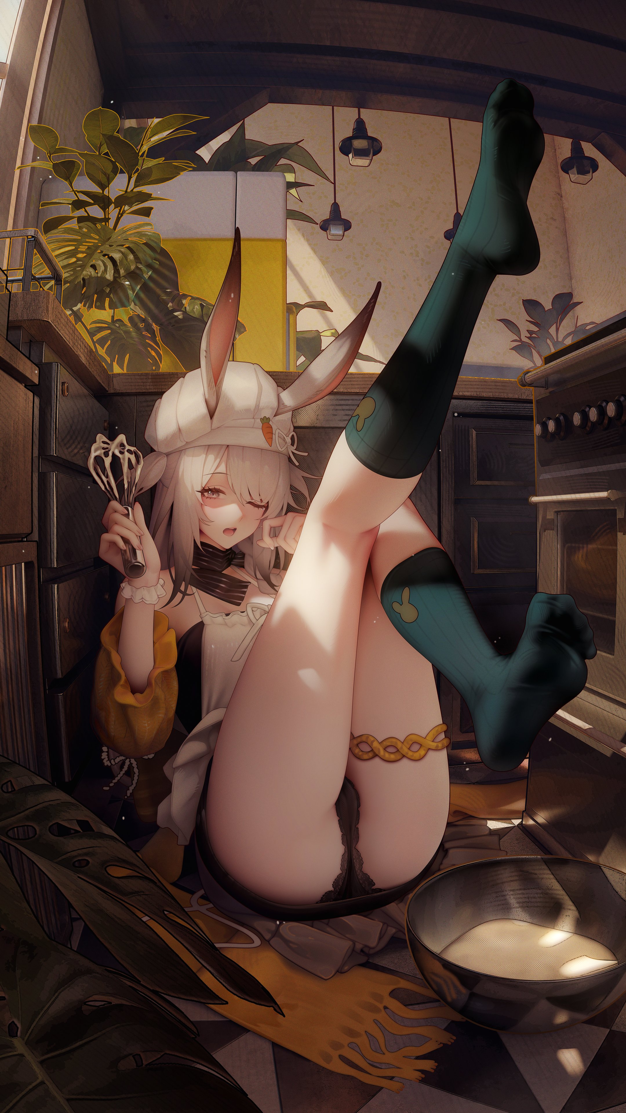 binggong asylum, savage (arknights), savage (secret family recipe) (arknights), arknights, absurdres, highres, 1girl, animal ears, apron, bare shoulders, black dress, black panties, breasts, dress, ears through headwear, fingernails, food, green socks, grey eyes, grey hair, hat, holding, holding whisk, indoors, jewelry, kitchen, lace, lace-trimmed panties, lace trim, legs up, medium breasts, medium hair, official alternate costume, one eye closed, open mouth, panties, sitting, socks, solo, thighlet, thighs, underwear, whisk, white hat, yawning