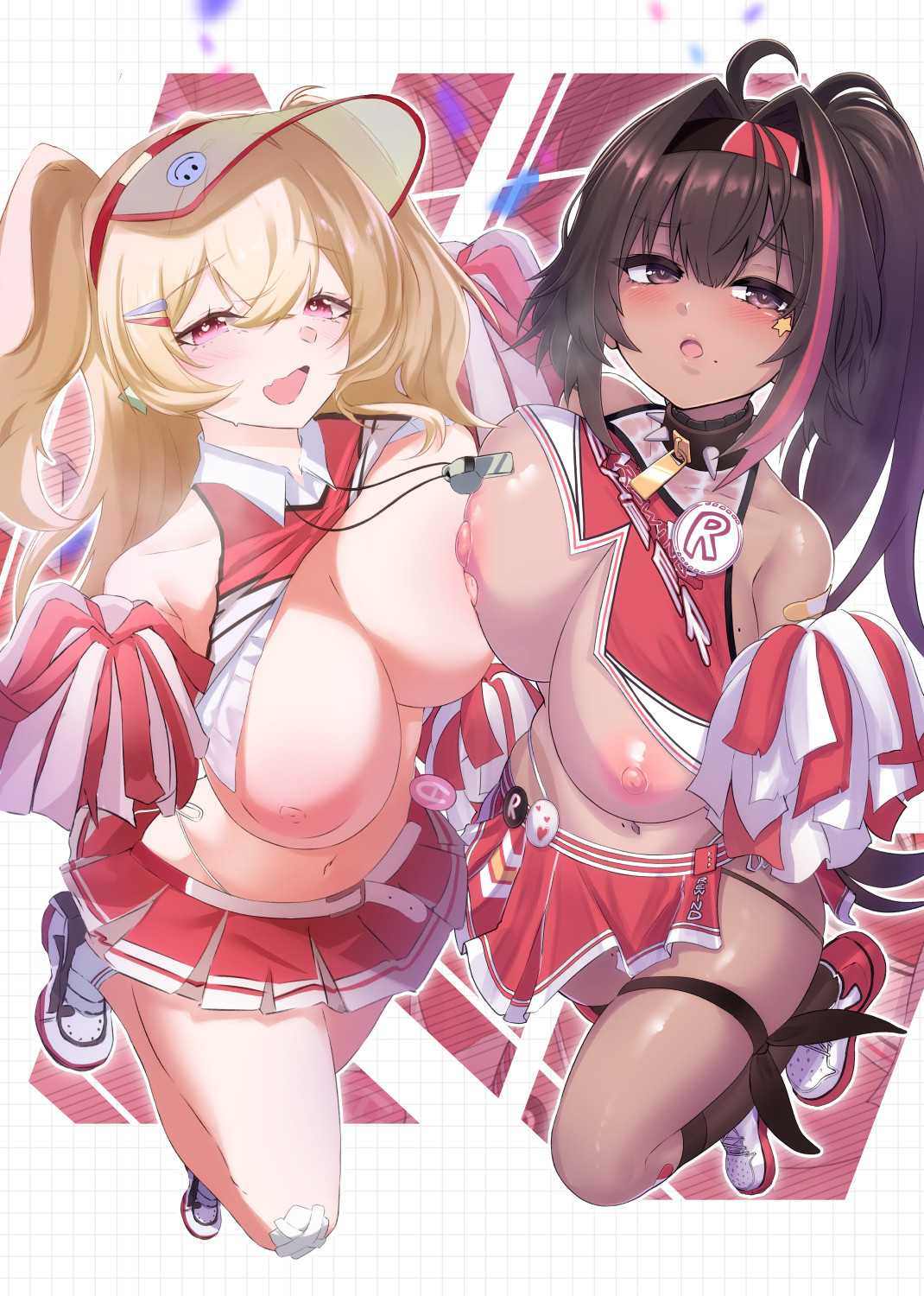 kazukoto, bay (nikke), clay (nikke), goddess of victory: nikke, artist collaboration, highres, black hair, blonde hair, breasts, cheerleader, crop top, dark-skinned female, dark skin, hair intakes, large breasts, long hair, looking at viewer, mimiryuki, mole, mole under mouth, multicolored hair, multiple girls, navel, open mouth, pom pom (cheerleading), ponytail, red eyes, red skirt, skirt, streaked hair, visor cap