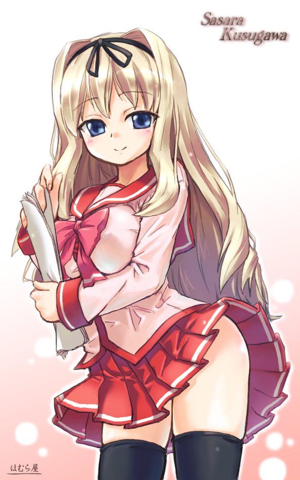 homura subaru, kusugawa sasara, to heart (series), to heart 2, 00s, 1girl, black thighhighs, blonde hair, blue eyes, blush, bow, breasts, female focus, hair ribbon, large breasts, long hair, paper, pink bow, ribbon, school uniform, serafuku, skirt, smile, solo, thighhighs, wind, wind lift, zettai ryouiki