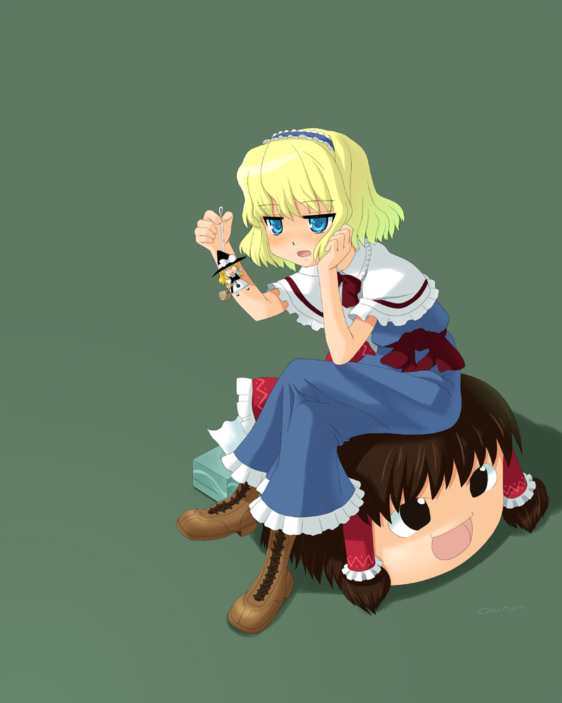 okina ika, alice margatroid, hakurei reimu, kirisame marisa, touhou, 1girl, blonde hair, blue eyes, blush, character doll, doll, female focus, hairband, sitting, solo, tissue box, yukkuri shiteitte ne