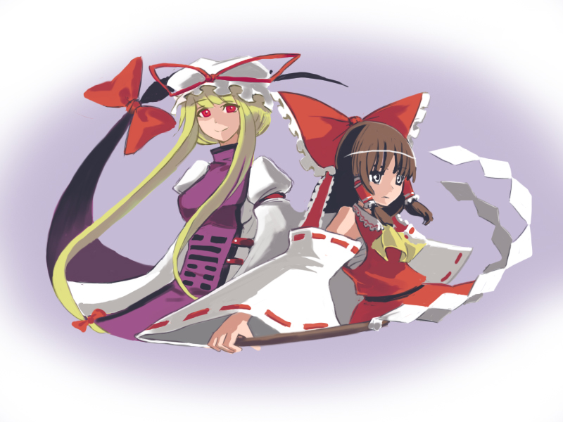 kumadano, hakurei reimu, yakumo yukari, touhou, bad id, bad pixiv id, 2girls, blonde hair, female focus, gap (touhou), gohei, hat, japanese clothes, long hair, miko, multiple girls, ribbon