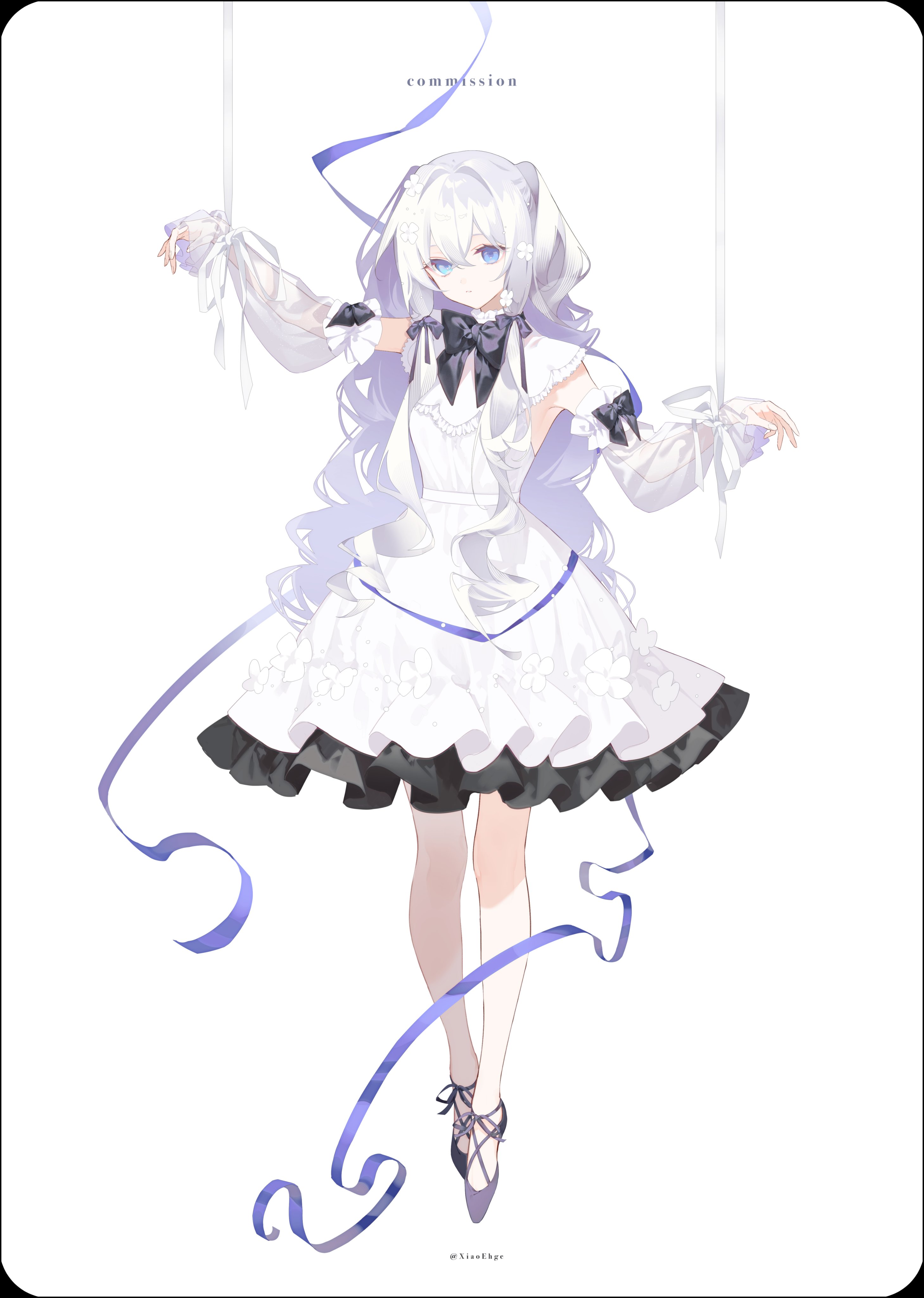 shiozaki shino, original, absurdres, commission, highres, 1girl, artist name, black bow, black shoes, blue eyes, blue ribbon, bow, detached sleeves, dress, flower, full body, hair flower, hair ornament, long hair, long sleeves, looking at viewer, ribbon, see-through clothes, see-through sleeves, shoes, simple background, sleeveless, sleeveless dress, standing, twitter username, white background, white dress, white flower, white hair