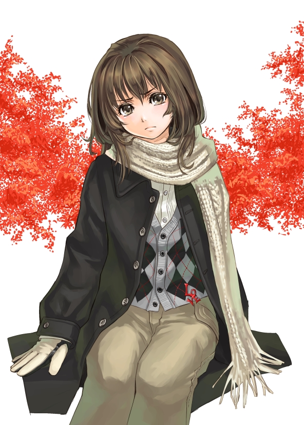 kurogin, original, bad id, bad pixiv id, brown eyes, brown hair, gloves, scarf, sitting