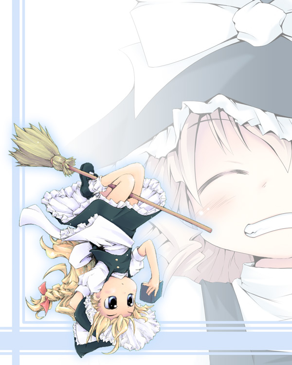 ham (points), kirisame marisa, touhou, 1girl, blonde hair, book, braid, broom, broom riding, female focus, hat, loli, long hair, open book, reading, ribbon, skirt, solo, upside-down, white background