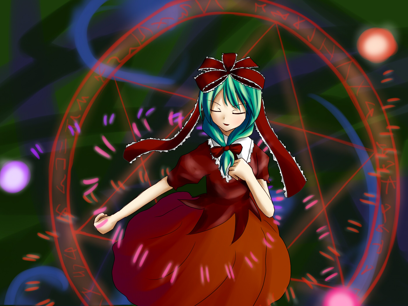 motya (pixiv), kagiyama hina, touhou, bad id, bad pixiv id, 1girl, female focus, front ponytail, green hair, ribbon, solo