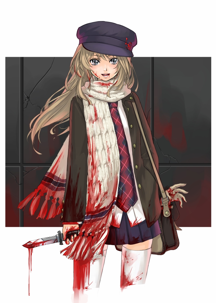 kurogin, original, bad id, bad pixiv id, 1girl, blonde hair, blood, blue eyes, female focus, guro, hat, knife, necktie, scarf, solo, thighhighs