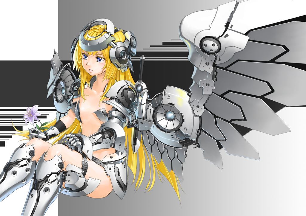kurogin, original, bad id, bad pixiv id, 1girl, blonde hair, blue eyes, female focus, flower, mecha musume, mechanical wings, revealing clothes, solo, wings