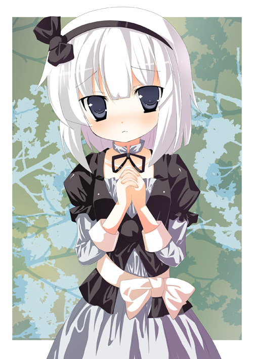 omiso, omiso (omiso), konpaku youmu, touhou, silver hair, bad id, bad pixiv id, 1girl, alternate costume, female focus, grey eyes, hairband, own hands clasped, own hands together, ribbon, short hair, solo