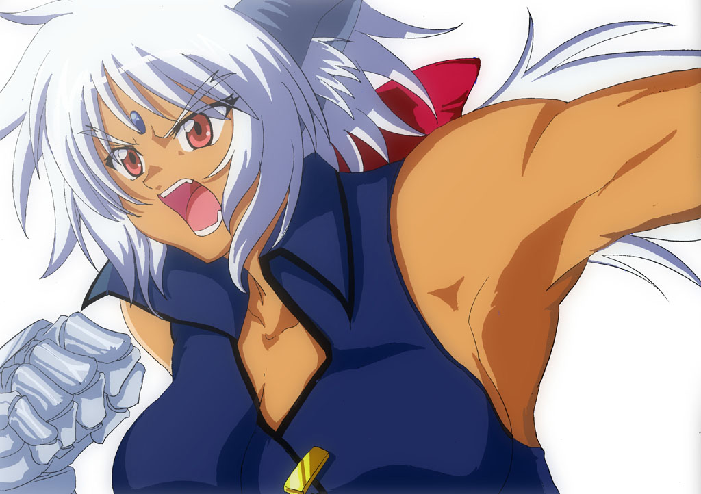 zafira, lyrical nanoha, mahou shoujo lyrical nanoha, mahou shoujo lyrical nanoha strikers, silver hair, gender request, 00s, 1girl, armpits, bare shoulders, brown eyes, buttons, clenched hand, collar, collarbone, female focus, gauntlets, genderswap, long hair, simple background, solo, upper body, very long hair, vest, white background