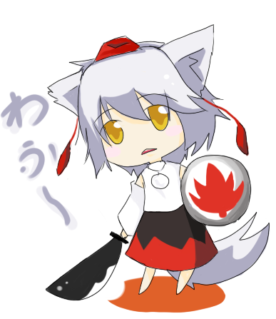 dogyae, wang zhong (dogyae), inubashiri momiji, touhou, bad id, bad pixiv id, lowres, 1girl, animal ears, female focus, hat, shield, solo, sword, tail, weapon, wolf ears, wolf tail