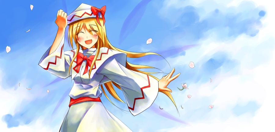 sorano eika, lily white, touhou, 1girl, blonde hair, female focus, hat, long hair, outdoors, ribbon, sky, solo, standing, wings