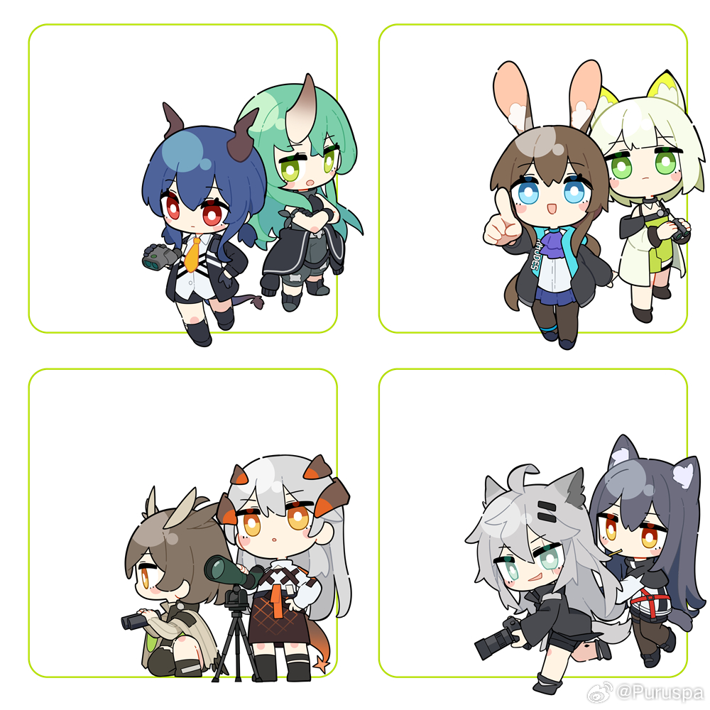 amiya (arknights), lappland (arknights), texas (arknights), arknights, 33puruspa, 6+girls, animal ear fluff, dragon girl, jacket, long hair, looking at viewer, multiple girls, smile, standing, white background