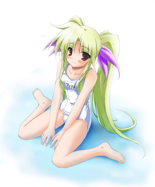 aoi wakusei, fate testarossa, lyrical nanoha, mahou shoujo lyrical nanoha, 00s, 1girl, blonde hair, female focus, name tag, one-piece swimsuit, school swimsuit, solo, swimsuit