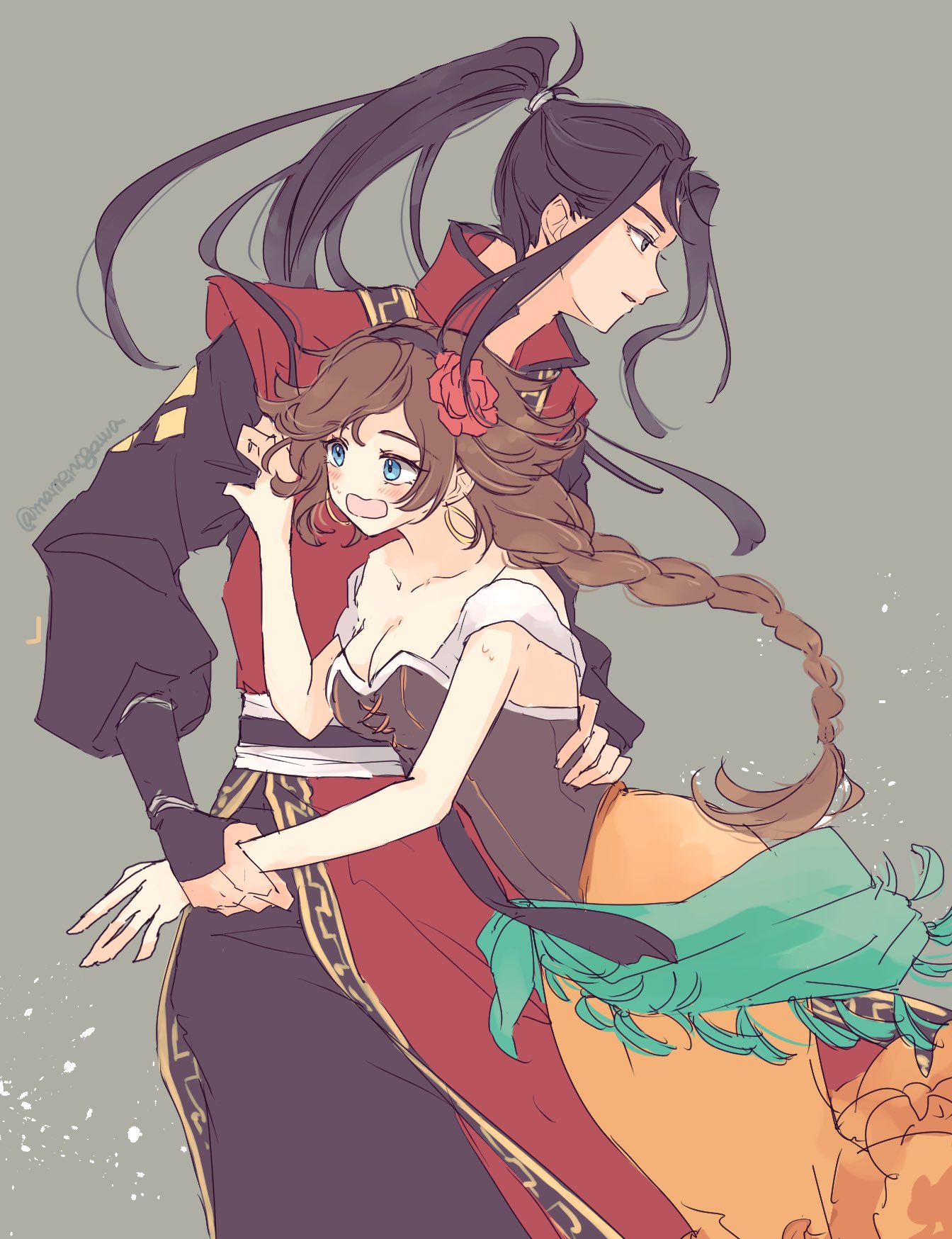 mamenogawa, agnea bristarni, hikari ku, octopath traveler, octopath traveler ii, commentary request, highres, 1boy, 1girl, black hair, black hairband, blue eyes, blush, braid, braided ponytail, breasts, brown hair, cleavage, falling, flower, grey background, hair flower, hair intakes, hair ornament, hairband, high ponytail, japanese clothes, long hair, medium breasts, open mouth, orange skirt, ponytail, red flower, red rose, rose, skirt, tripping