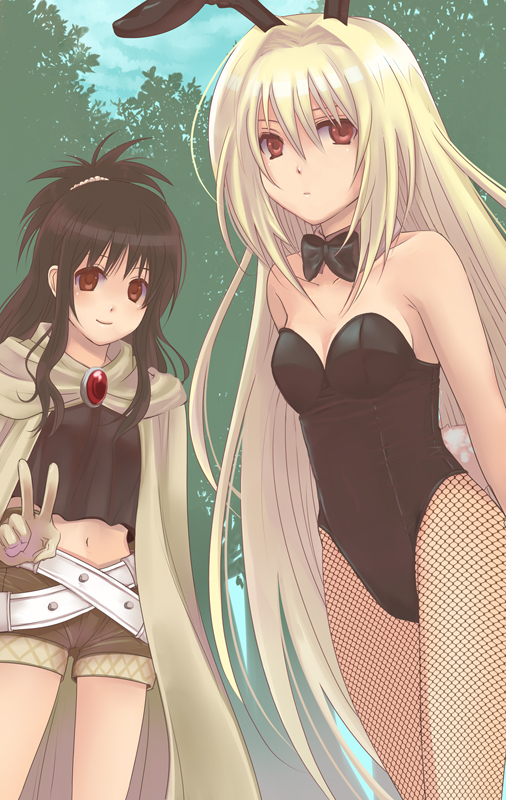 3u, konjiki no yami, yuuki mikan, to love-ru, bad id, bad pixiv id, 00s, 2girls, animal ears, bare shoulders, belt, belt skirt, blonde hair, bow, bowtie, brown eyes, brown hair, fake animal ears, fishnet pantyhose, fishnets, long hair, midriff, multiple girls, pantyhose, playboy bunny, rabbit ears, red eyes, shorts, v, very long hair